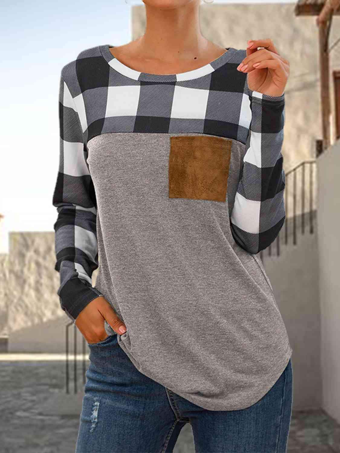 Plaid Round Neck Long Sleeve T-Shirt Women's T-Shirts - Tophatter Daily Deals