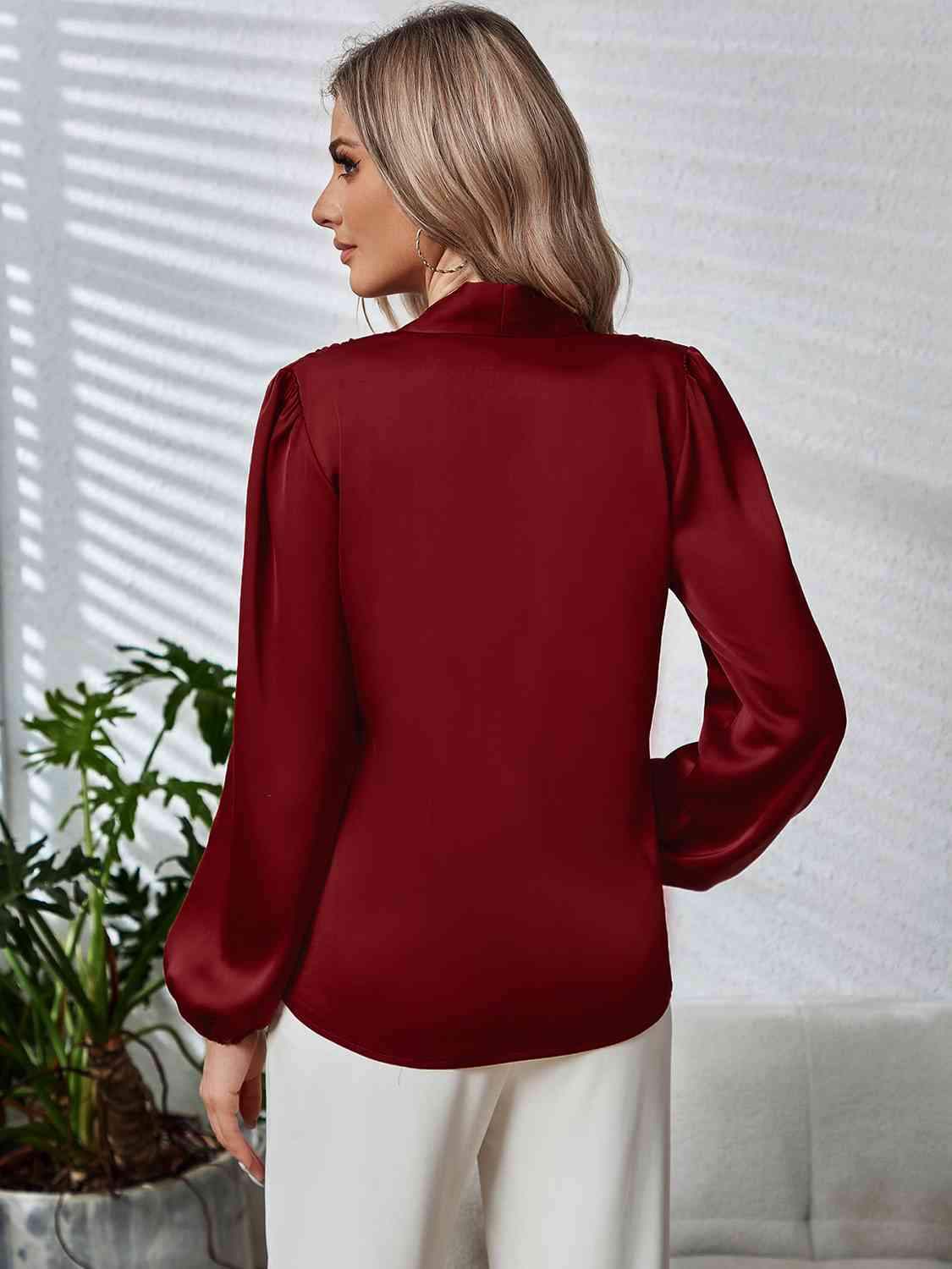 Tie Neck Long Puff Sleeve Blouse Blouses - Tophatter Daily Deals