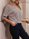 Printed V-Neck Roll-Tab Sleeve Blouse Blouses - Tophatter Daily Deals