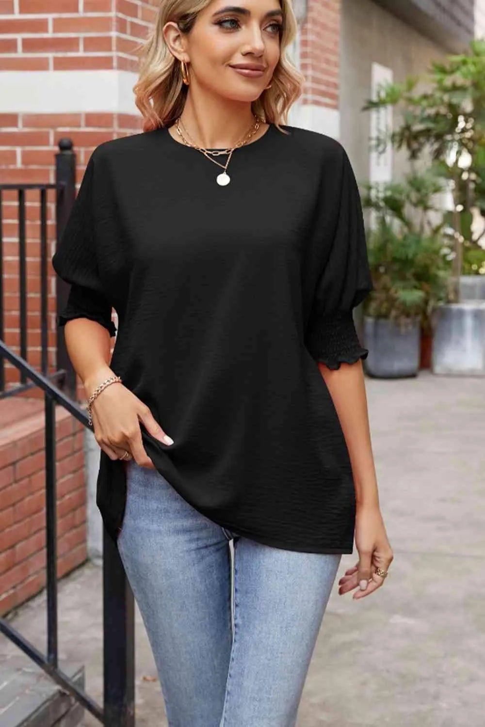 Round Neck Smocked Lantern Sleeve Blouse Blouses - Tophatter Daily Deals