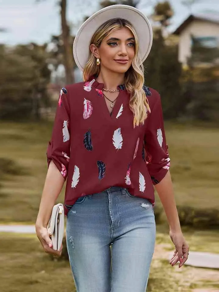 Printed Roll-Tab Sleeve Notched Neck Blouse Blouses - Tophatter Daily Deals