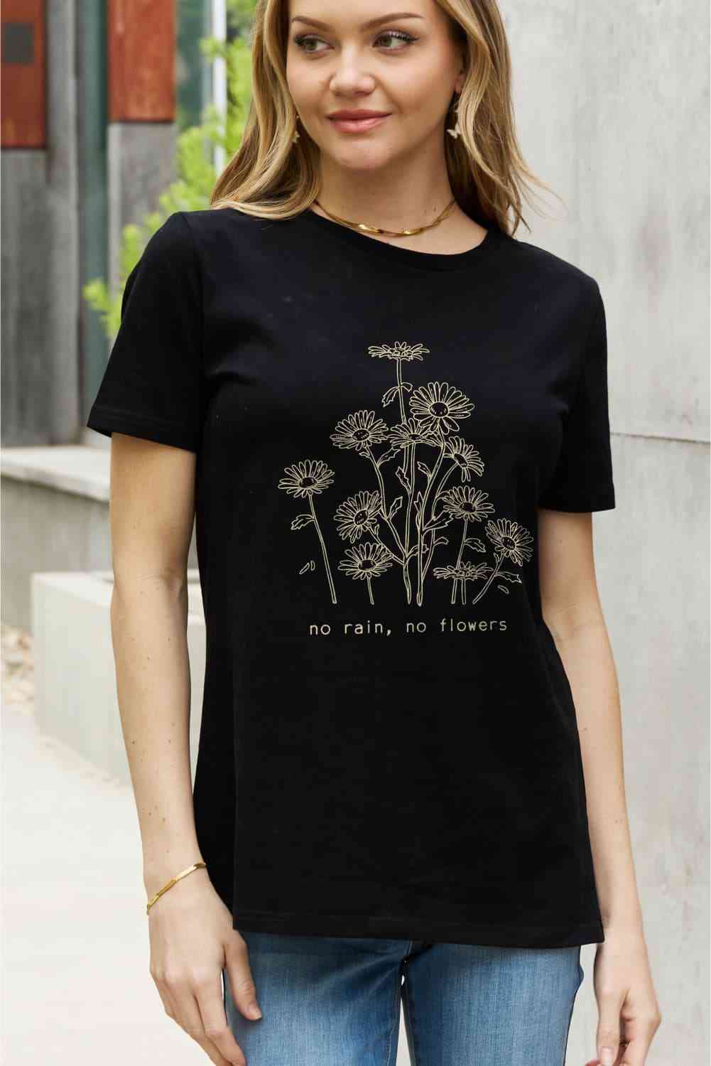 Simply Love Full Size NO RAIN NO FLOWERS Graphic Cotton Tee Women's T-Shirts - Tophatter Daily Deals