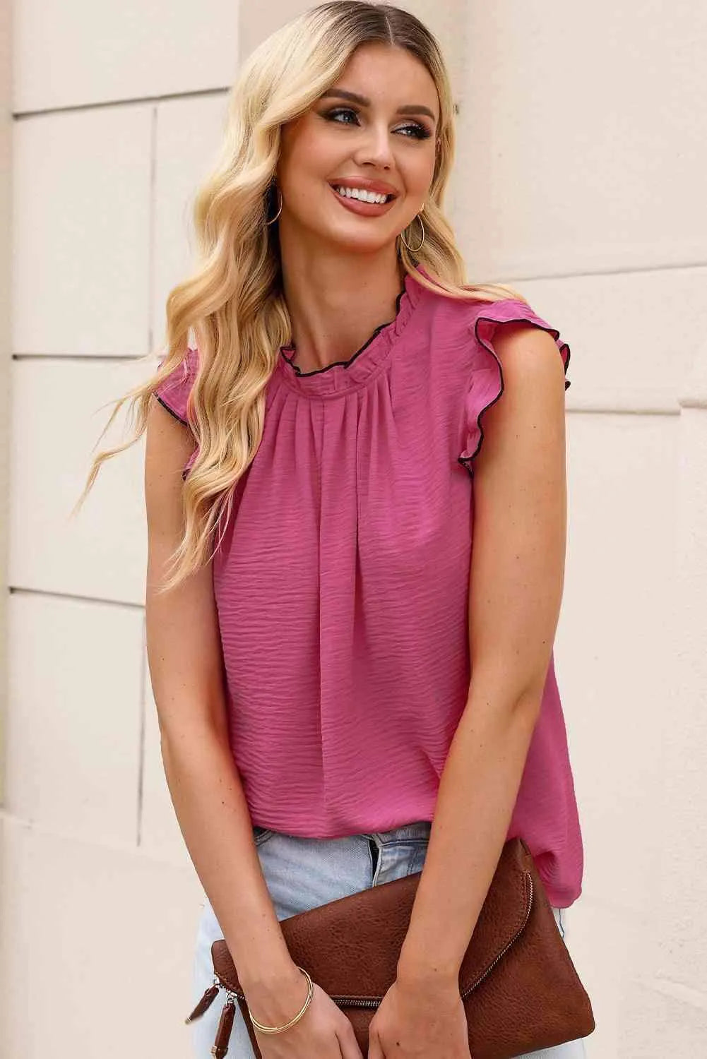 Mock Neck Cap Sleeve Blouse Cerise Blouses - Tophatter Daily Deals