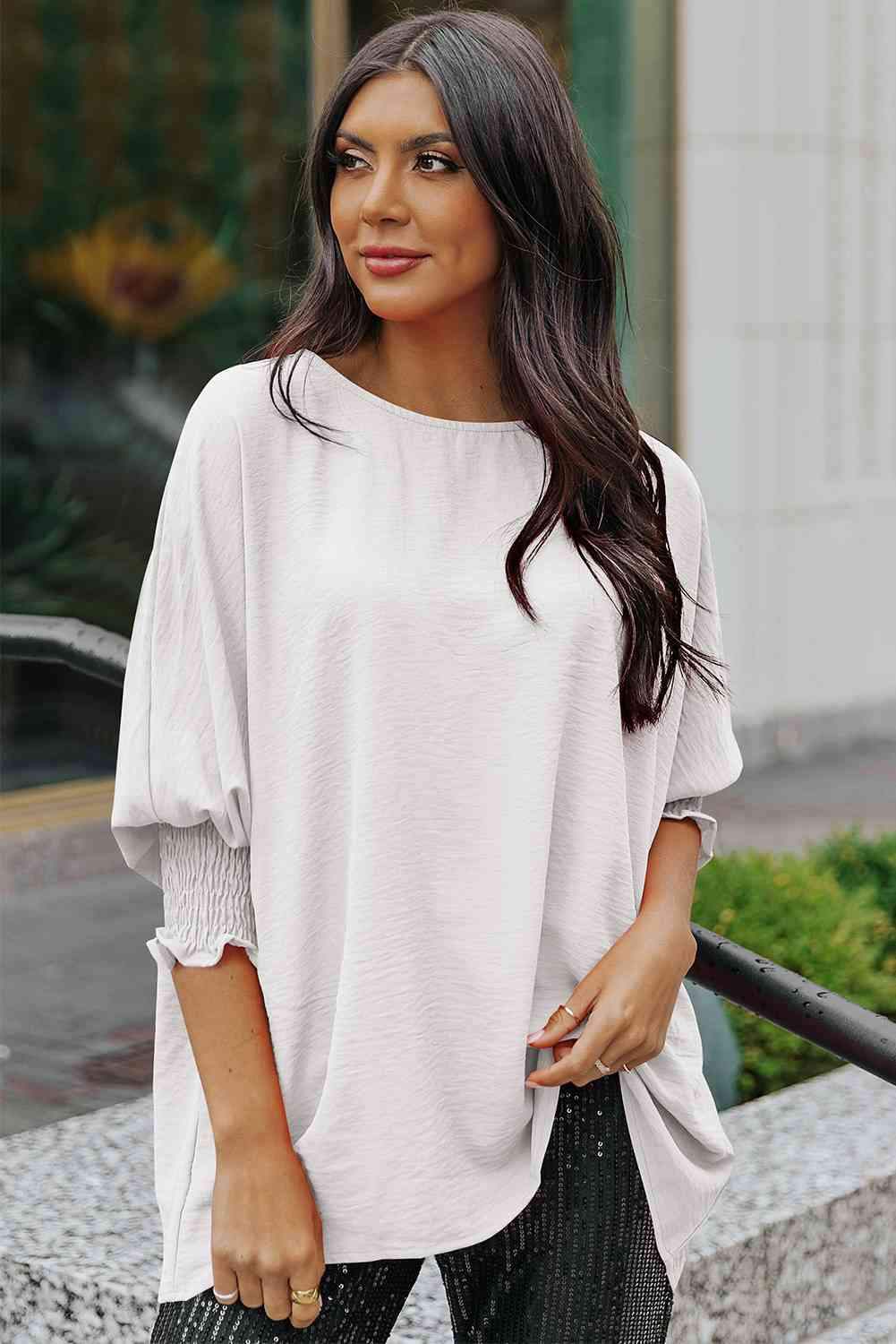 Round Neck Dolman Sleeve Textured Blouse White Blouses - Tophatter Daily Deals