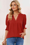 Smocked Flounce Sleeve Notched Neck Blouse Blouses - Tophatter Daily Deals