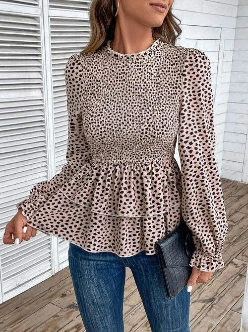 Printed Round Neck Smocked Flounce Sleeve T-Shirt Blouses - Tophatter Daily Deals