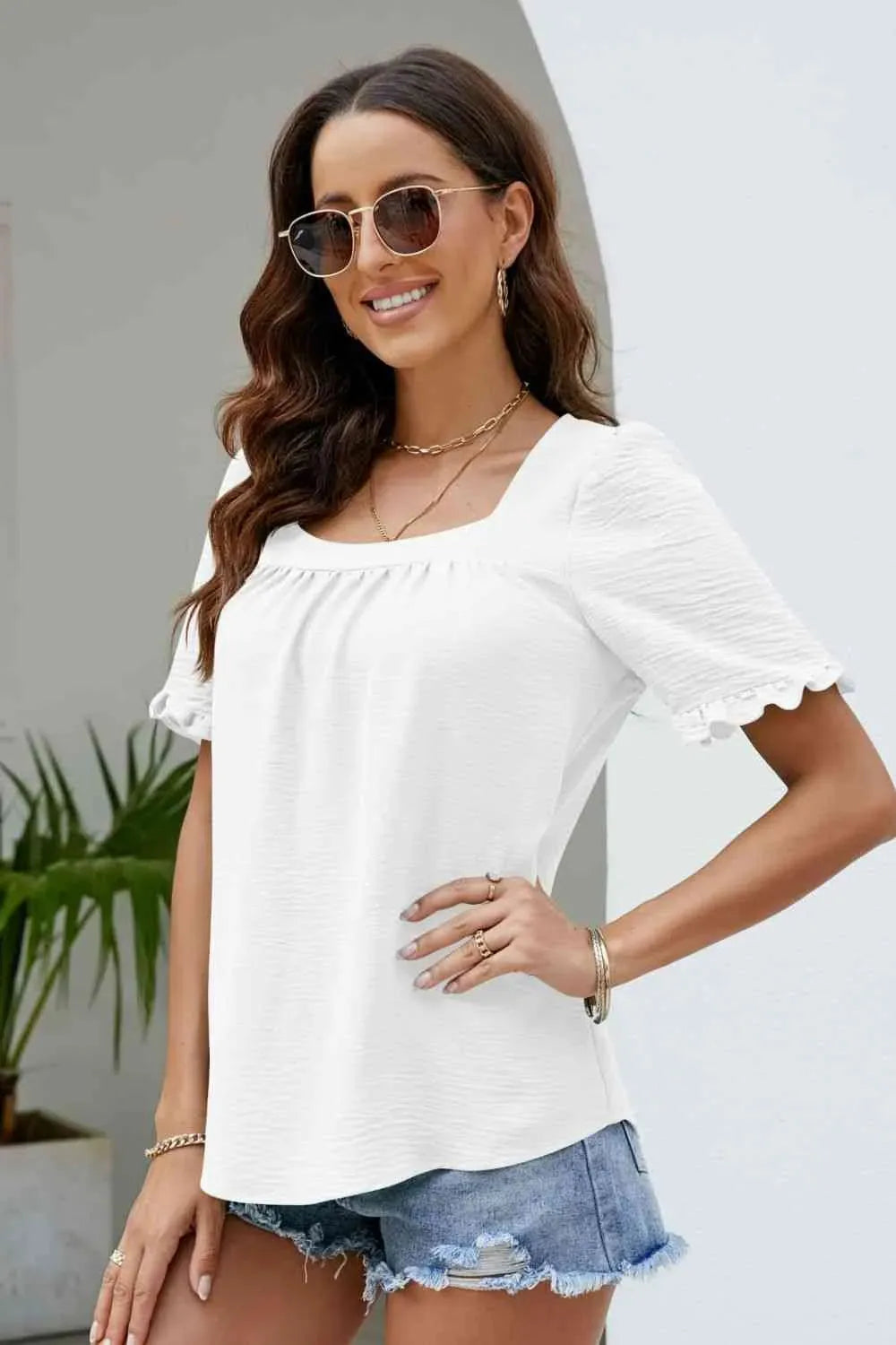 Frill Trim Puff Sleeve Square Neck Blouse Blouses - Tophatter Daily Deals