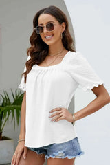 Frill Trim Puff Sleeve Square Neck Blouse Blouses - Tophatter Daily Deals