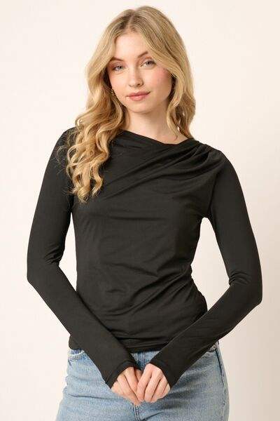 Mittoshop Ruched Long Sleeve Slim Top Black Blouses - Tophatter Daily Deals