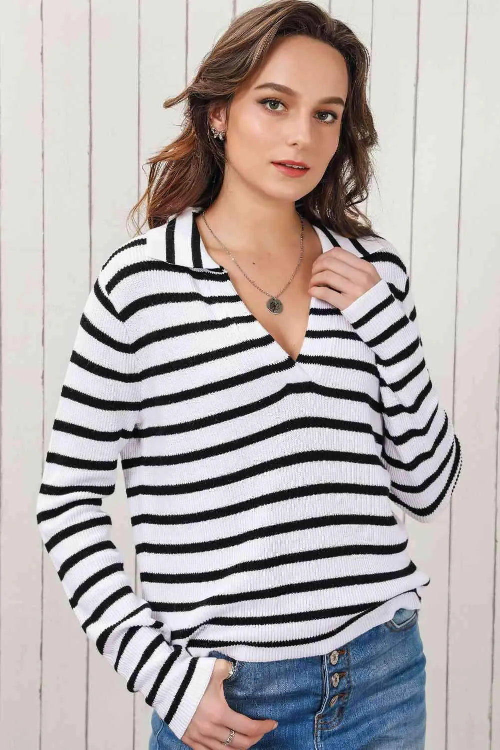 Double Take Striped Johnny Collar Long Sleeve Knit Top Blouses - Tophatter Daily Deals