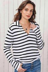 Double Take Striped Johnny Collar Long Sleeve Knit Top Blouses - Tophatter Daily Deals