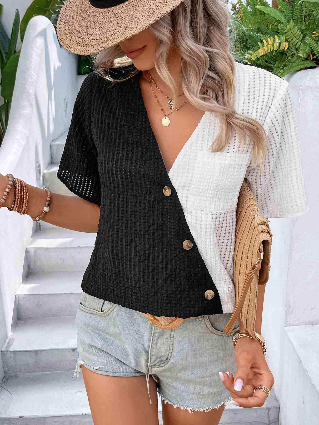 Two-Tone Buttoned Short Sleeve Top Blouses - Tophatter Daily Deals