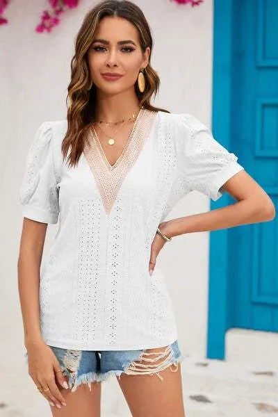 Eyelet V-Neck Short Sleeve T-Shirt Women's T-Shirts - Tophatter Daily Deals