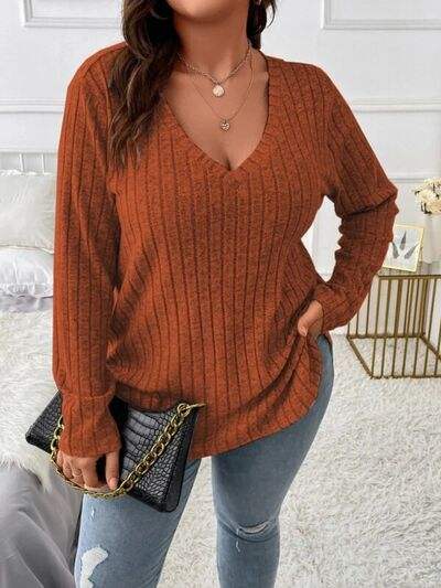 Plus Size V-Neck Long Sleeve T-Shirt Caramel Women's T-Shirts - Tophatter Daily Deals