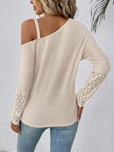 Lace Detail Asymmetrical Neck Long Sleeve T-Shirt Women's T-Shirts - Tophatter Daily Deals