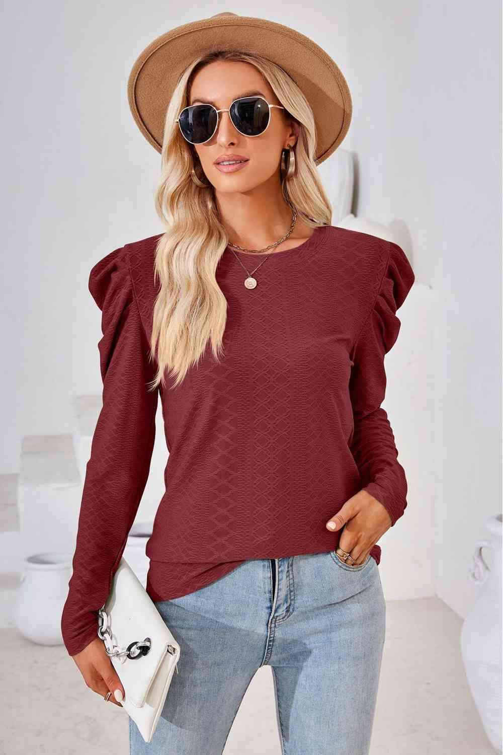 Round Neck Puff Sleeve Blouse Wine Blouses - Tophatter Daily Deals