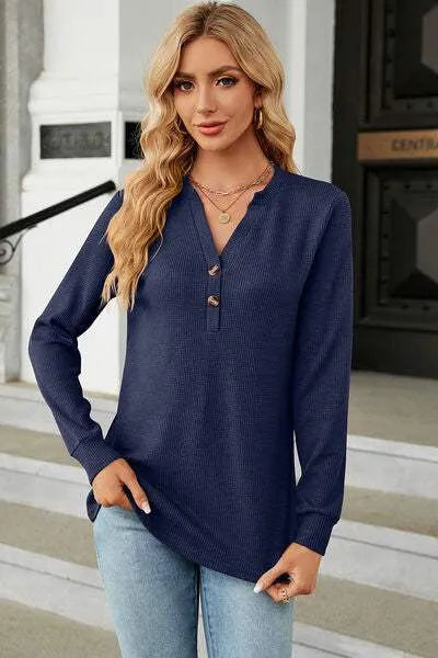 Waffle-Knit Notched Long Sleeve T-Shirt Navy Women's T-Shirts - Tophatter Daily Deals