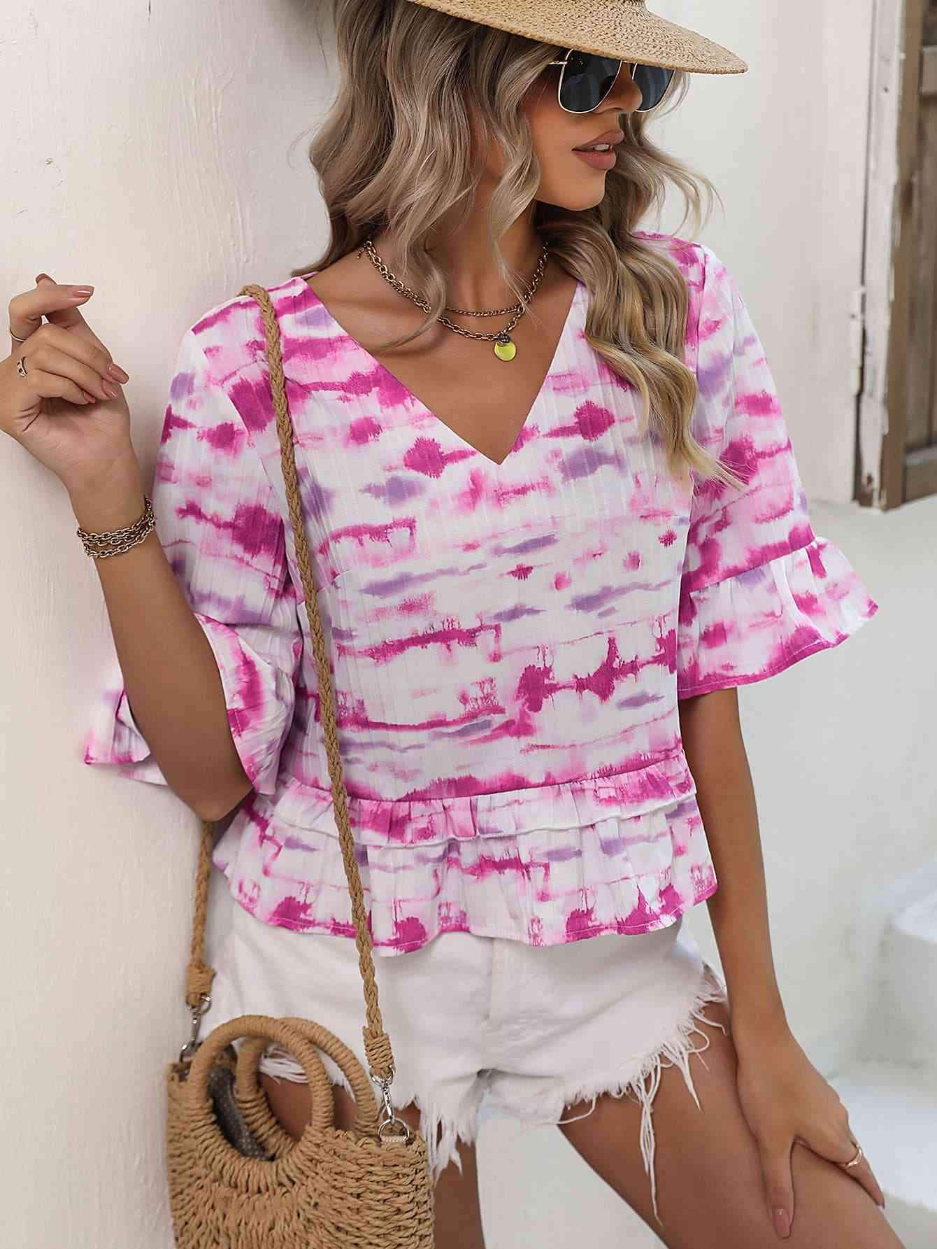 Tie-Dye V-Neck Peplum Top Blouses - Tophatter Daily Deals