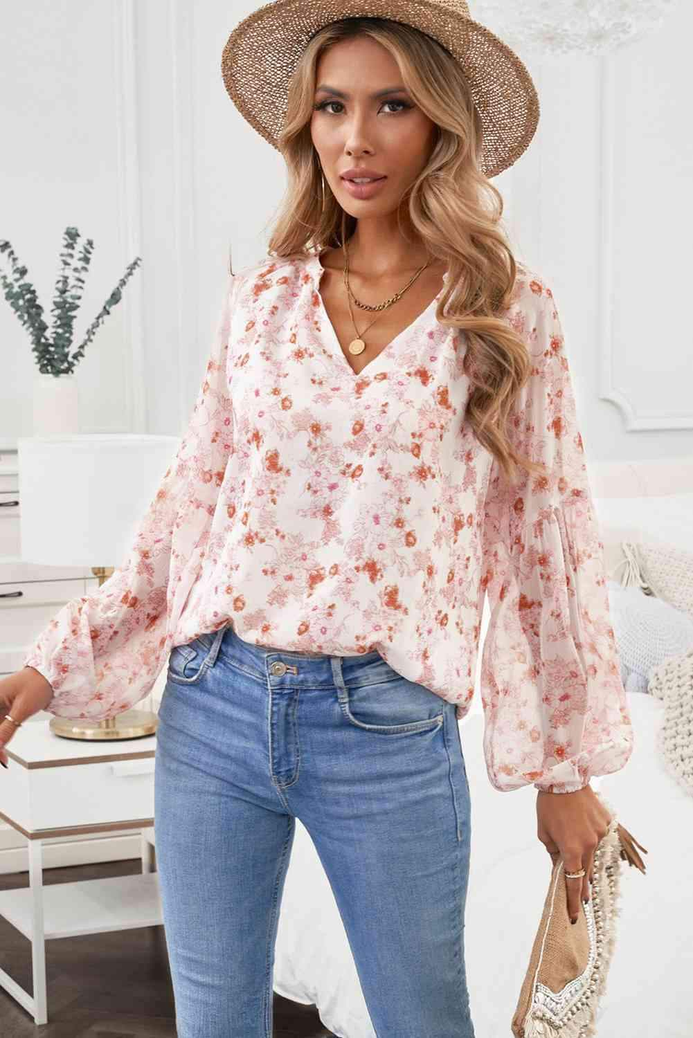 Floral Balloon Sleeve Notched Neck Blouse Blouses - Tophatter Daily Deals