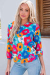 Floral V-Neck Three-Quarter Sleeve Top Teal Blouses - Tophatter Daily Deals