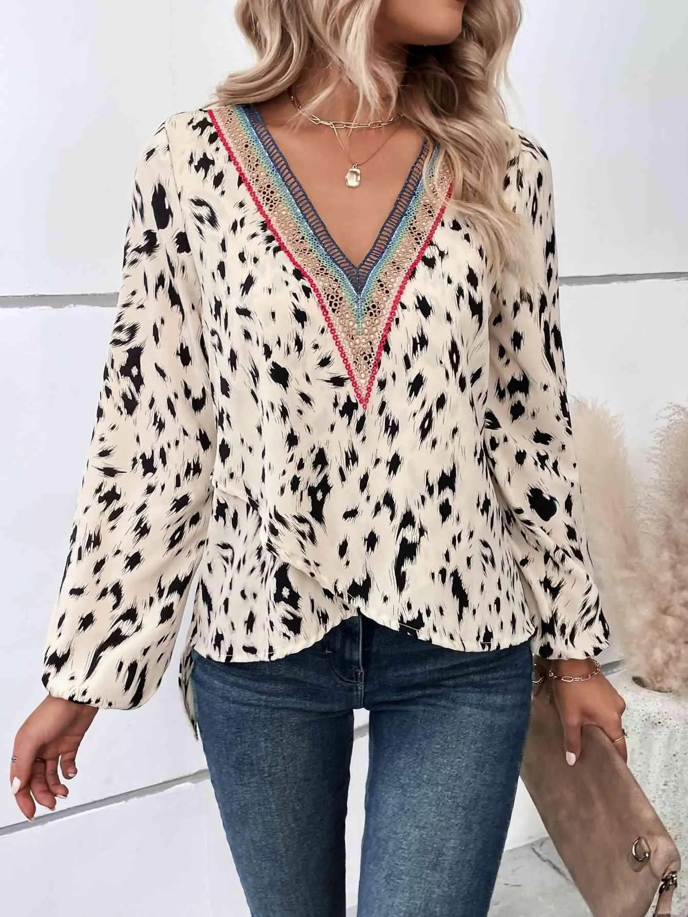 Printed V-Neck Long Sleeve Blouse Beige Blouses - Tophatter Daily Deals