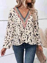 Printed V-Neck Long Sleeve Blouse Beige Blouses - Tophatter Daily Deals
