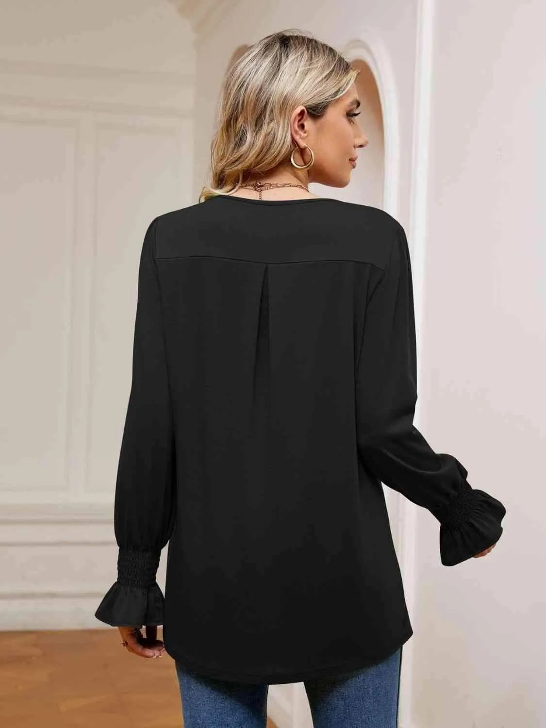 V-Neck Flounce Sleeve Blouse Blouses - Tophatter Daily Deals