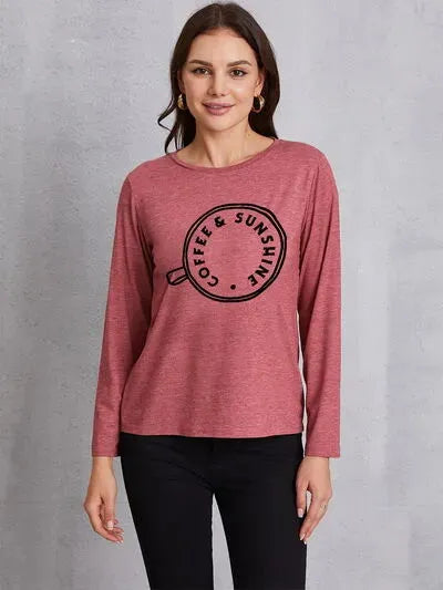 COFFEE SUNSHINE Round Neck Long Sleeve T-Shirt Light Mauve Women's T-Shirts - Tophatter Daily Deals