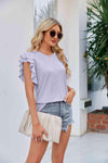 Round Neck Flutter Sleeve Eyelet Blouse Blouses - Tophatter Daily Deals