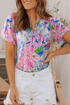 Floral Notched Neck Short Sleeve Top - Tophatter Deals