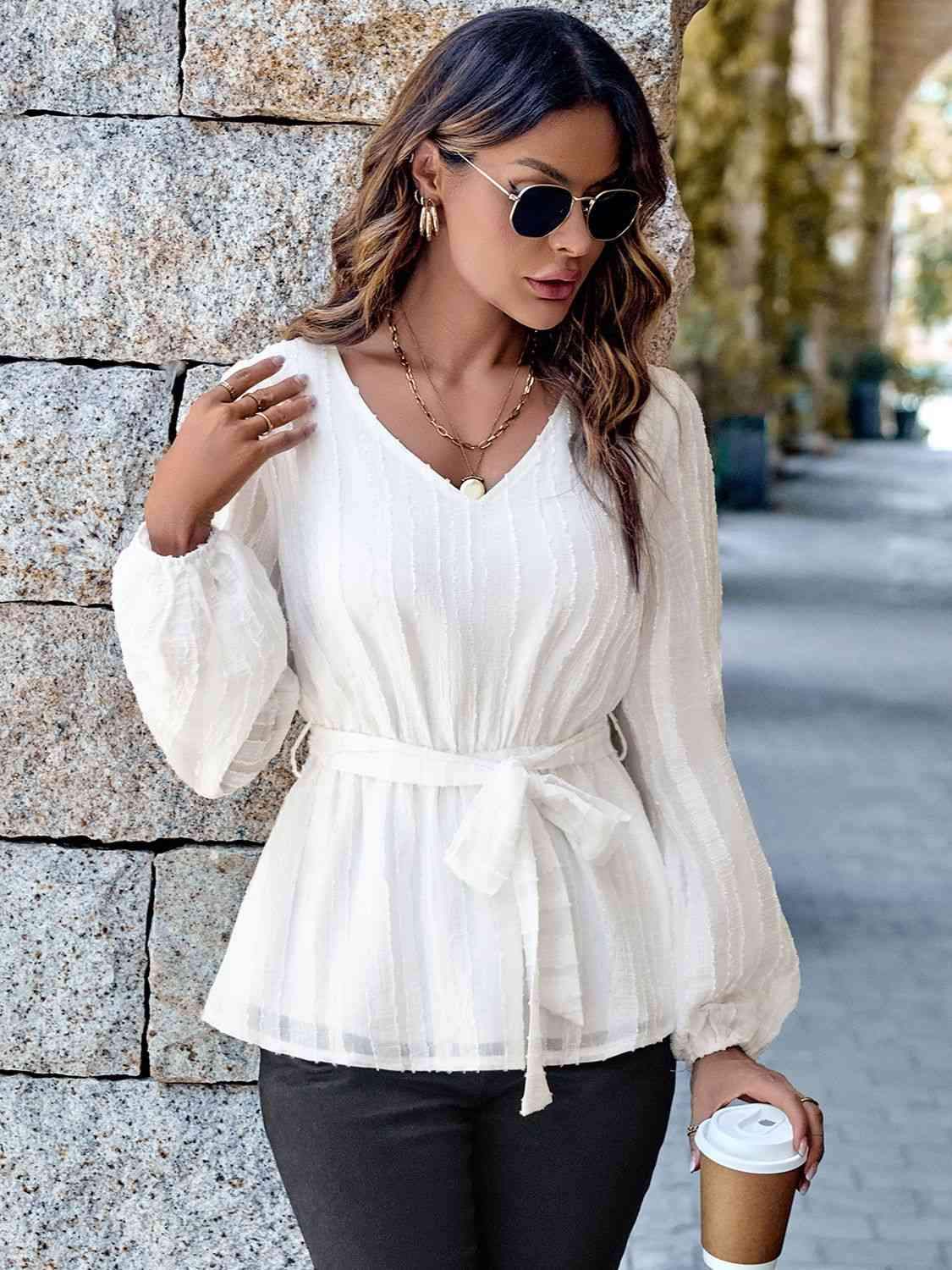 V-Neck Tie Waist Long Sleeve Blouse Blouses - Tophatter Daily Deals