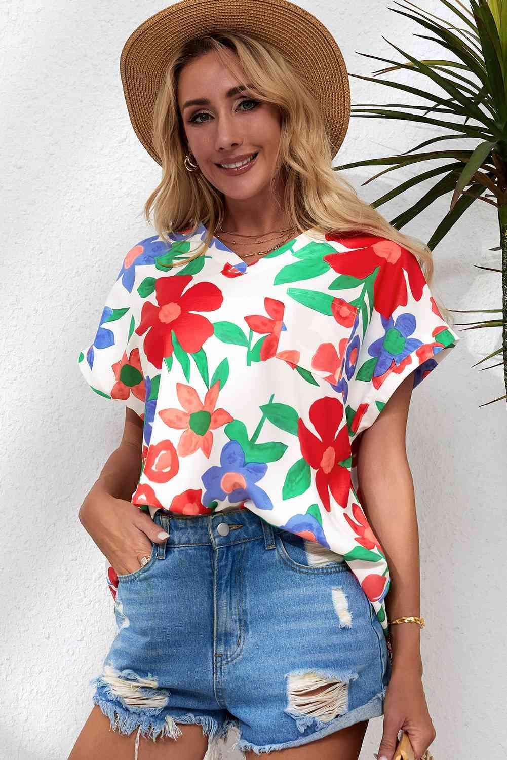 Floral V-Neck Short Sleeve Top Blouses - Tophatter Daily Deals