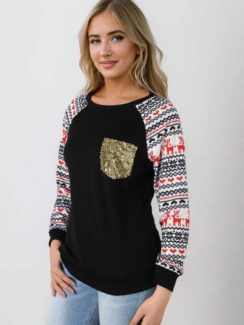 Sequin Round Neck Raglan Sleeve Top Women's T-Shirts - Tophatter Daily Deals