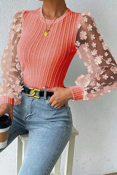 Double Take Textured Applique Long Sleeve Blouse Coral Blouses - Tophatter Daily Deals