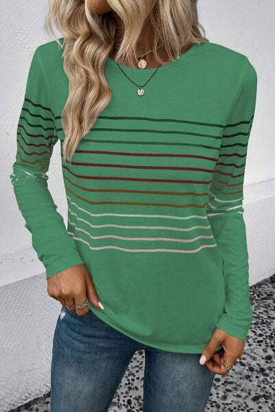 Striped Round Neck Long Sleeve T-Shirt Women's T-Shirts - Tophatter Daily Deals