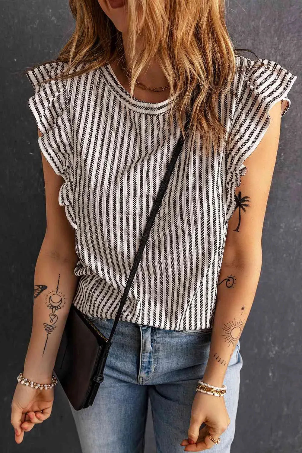 Striped Flutter Sleeve Tank Blouses - Tophatter Daily Deals