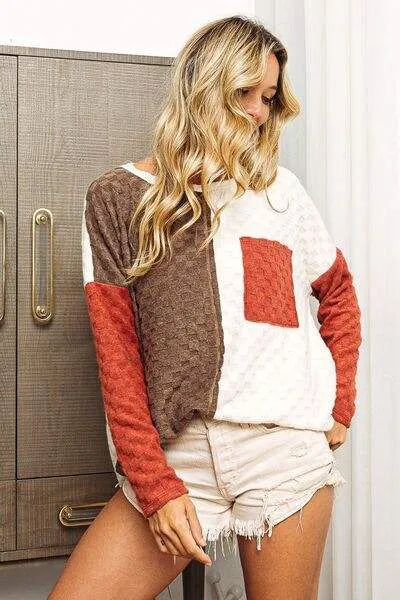 BiBi Color Block Brushed Checker Top Blouses - Tophatter Daily Deals