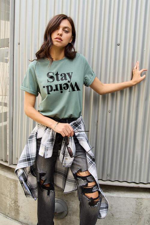 Simply Love Full Size STAY WEIRD Short Sleeve T-Shirt Women's T-Shirts - Tophatter Daily Deals