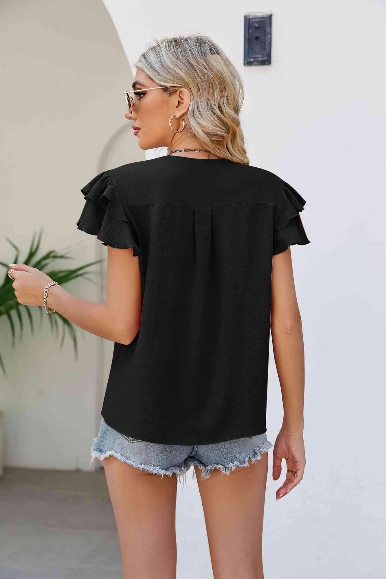 V-Neck Layered Flutter Sleeve Top Blouses - Tophatter Daily Deals
