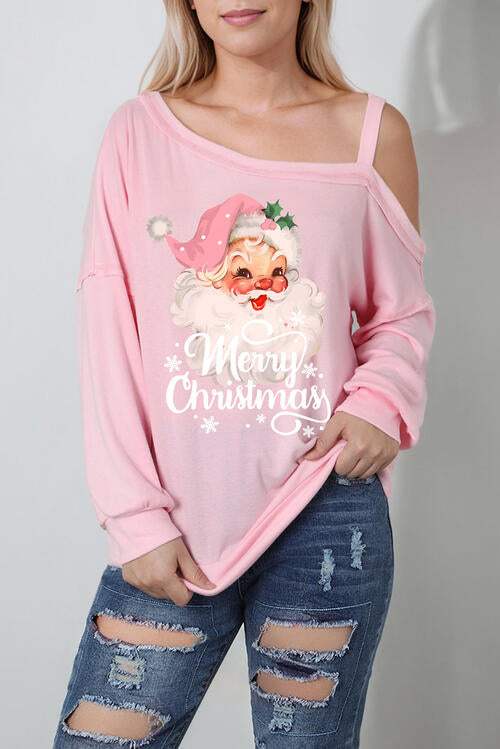 MERRY CHRISTMAS Graphic Asymmetrical Neck Top Blush Pink Blouses - Tophatter Daily Deals