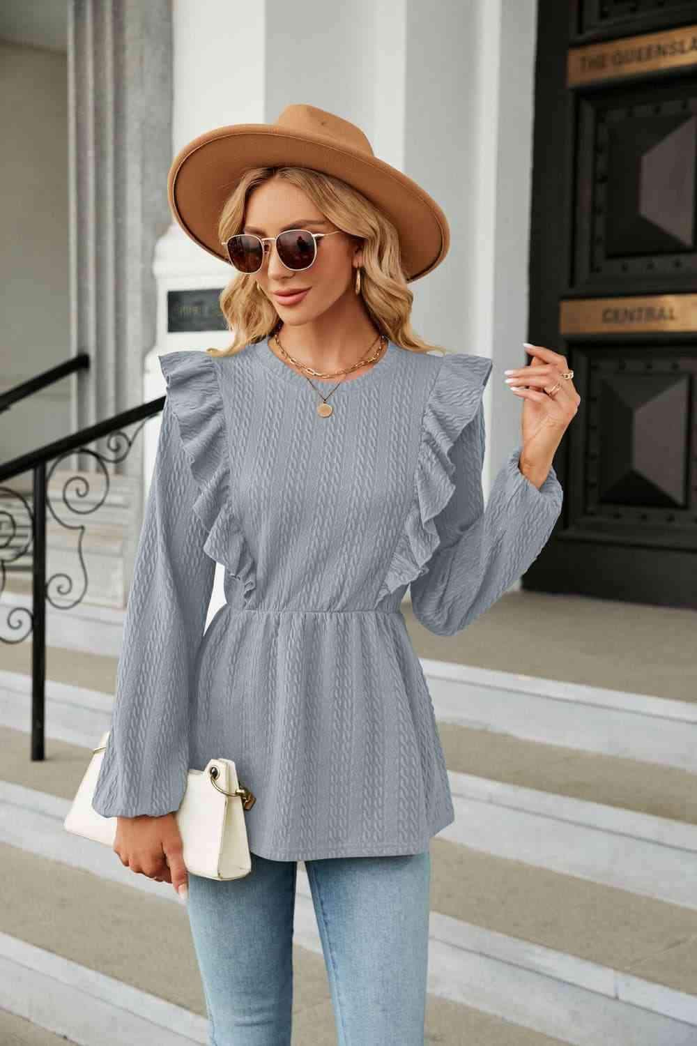 Round Neck Ruffled Peplum Blouse Cloudy Blue Blouses - Tophatter Daily Deals