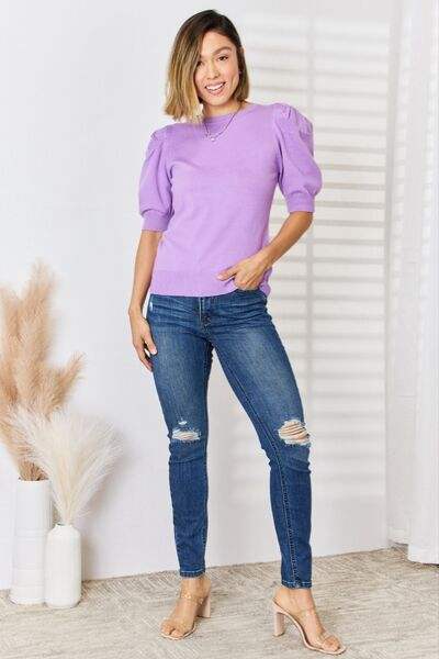 Zenana Round Neck Puff Sleeve Sweater Blouses - Tophatter Daily Deals