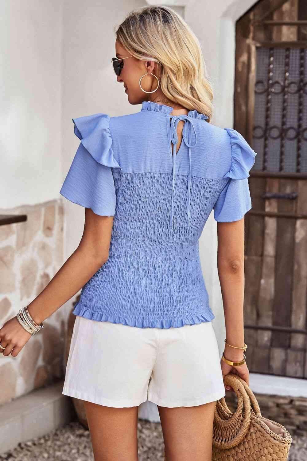 Smocked Tie Back Flutter Sleeve Blouse Blouses - Tophatter Daily Deals