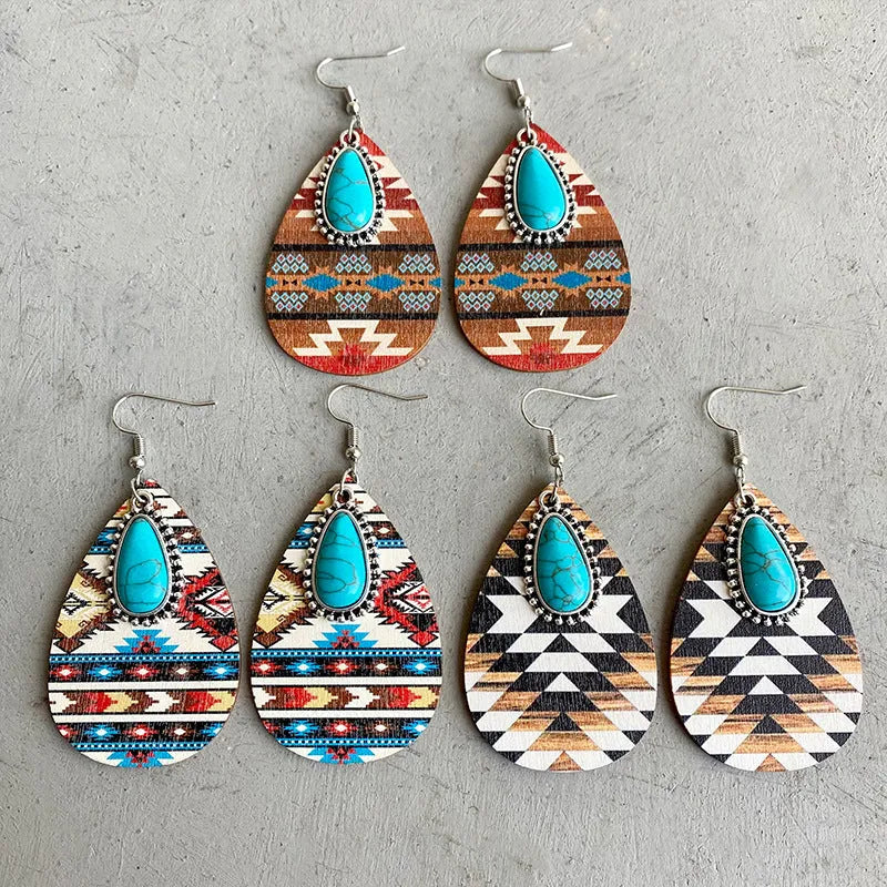 Turquoise Teardrop Shape Wooden Dangle Earrings Earrings - Tophatter Daily Deals