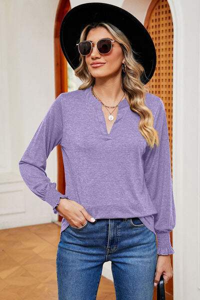 Notched Lantern Sleeve T-Shirt Lavender Women's T-Shirts - Tophatter Daily Deals