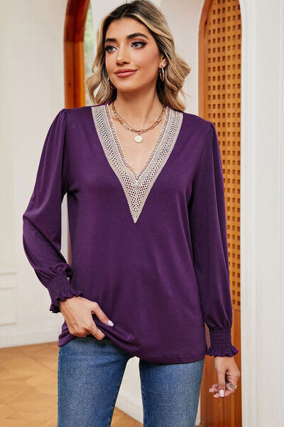 Lace Detail V-Neck Lantern Sleeve T-Shirt Women's T-Shirts - Tophatter Daily Deals