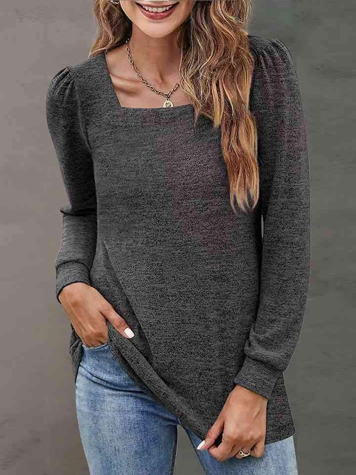 Heathered Square Neck Long Sleeve T-Shirt Heather Gray Women's T-Shirts - Tophatter Daily Deals