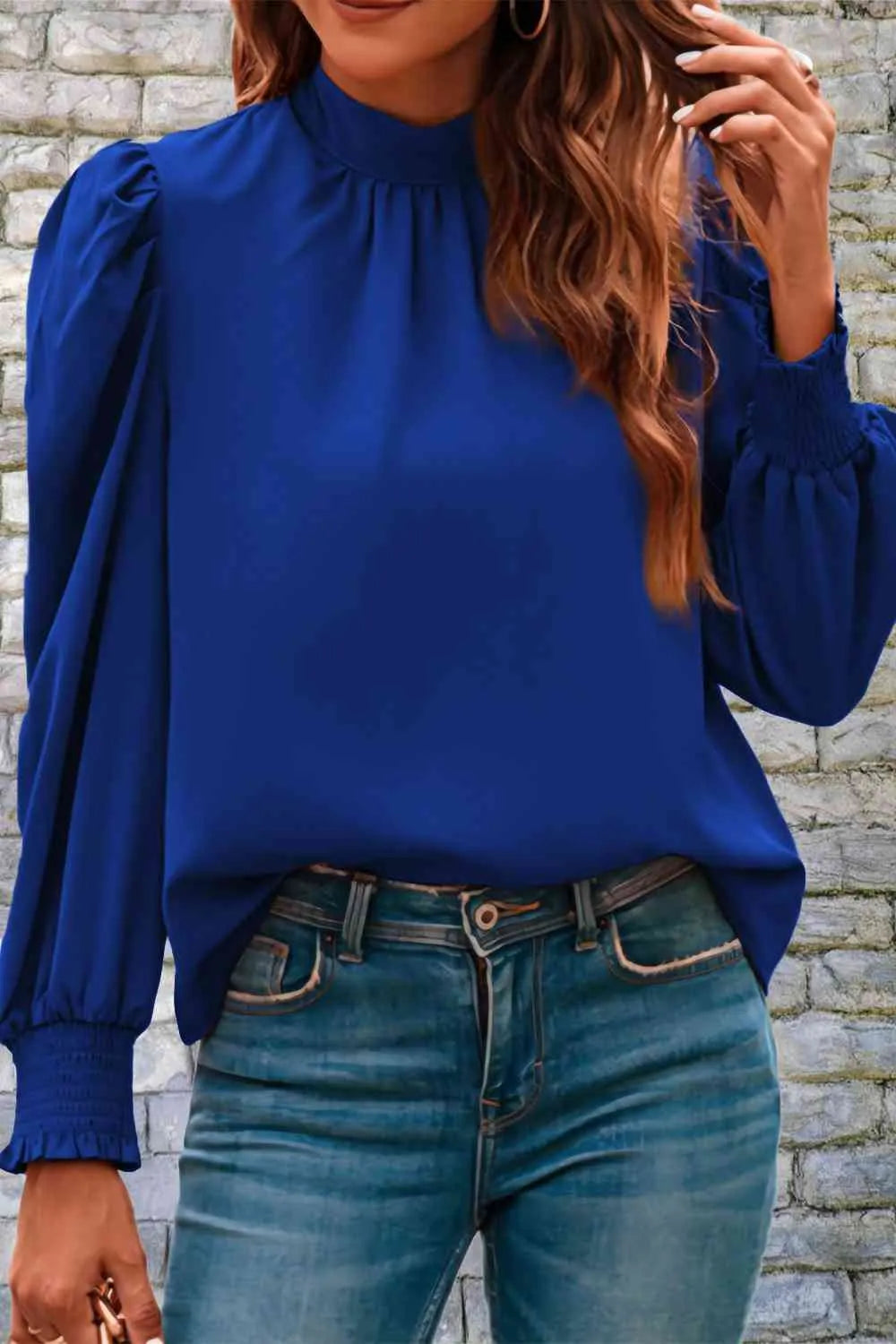 Mock Neck Puff Sleeve Blouse Royal Blue Blouses - Tophatter Daily Deals