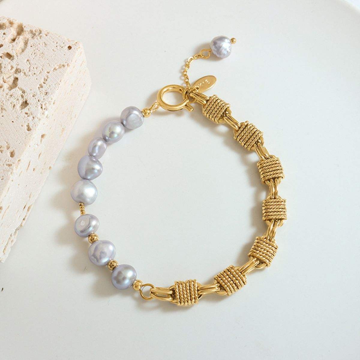 Half Pearl Half Chain Stainless Steel Bracelet Gold One Size Bracelets - Tophatter Daily Deals