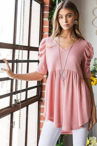 Heimish Full Size Waffle Knit V-Neck Babydoll Top Blouses - Tophatter Daily Deals